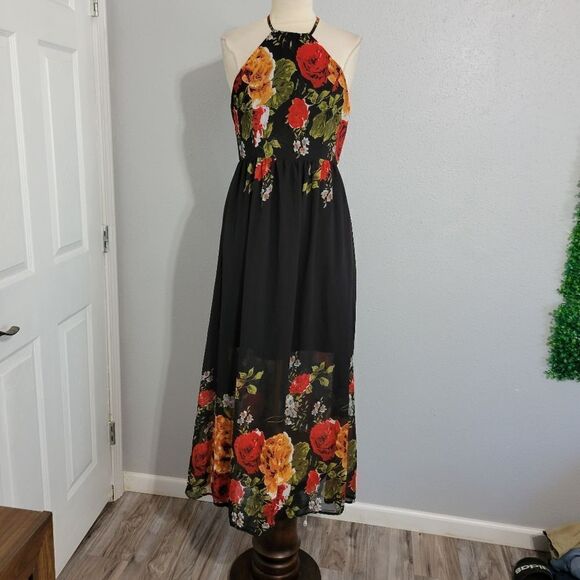 Floral maxi dress  black Sz M - Picture 7 of 9